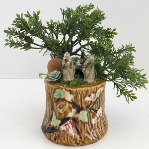 Bonsai Planter with Artificial Bonsai Tree and Chinese Mudmen in a Japanese Ceramic Tree Trunk