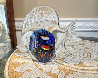 Murano Style Hand Blown 6 1/2" Clear with Multicolor Fish Art Glass Fish