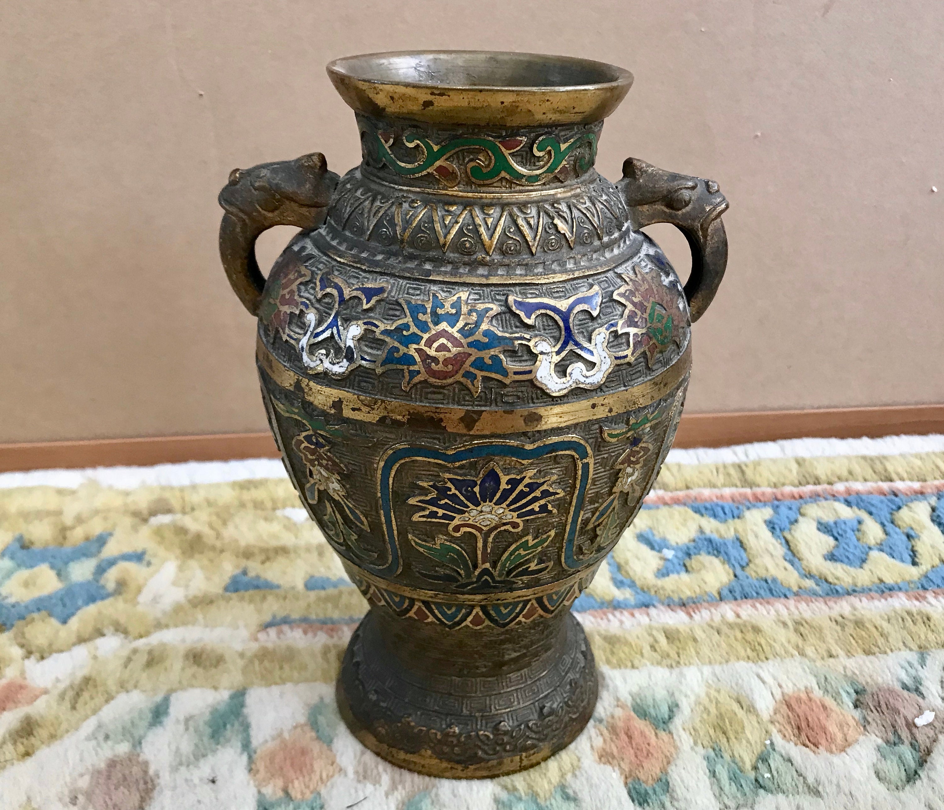 Antique Chinese Brass Enamel Cloisonne Style 8 1/2