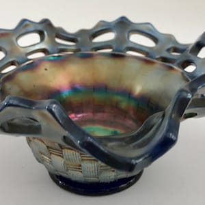 Fenton Blue Carnival Glass Dish with 2 Rows Lattice Ruffled Edges