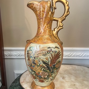 Vintage Golden Highlighted Satsuma Pheasants 15&quot; Porcelain Pitcher With Ruffled Edges