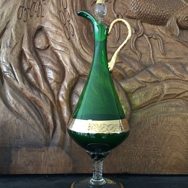 Empoli Style Italian Art Glass Green and Gold Ewer 16" Decanter with Stopper