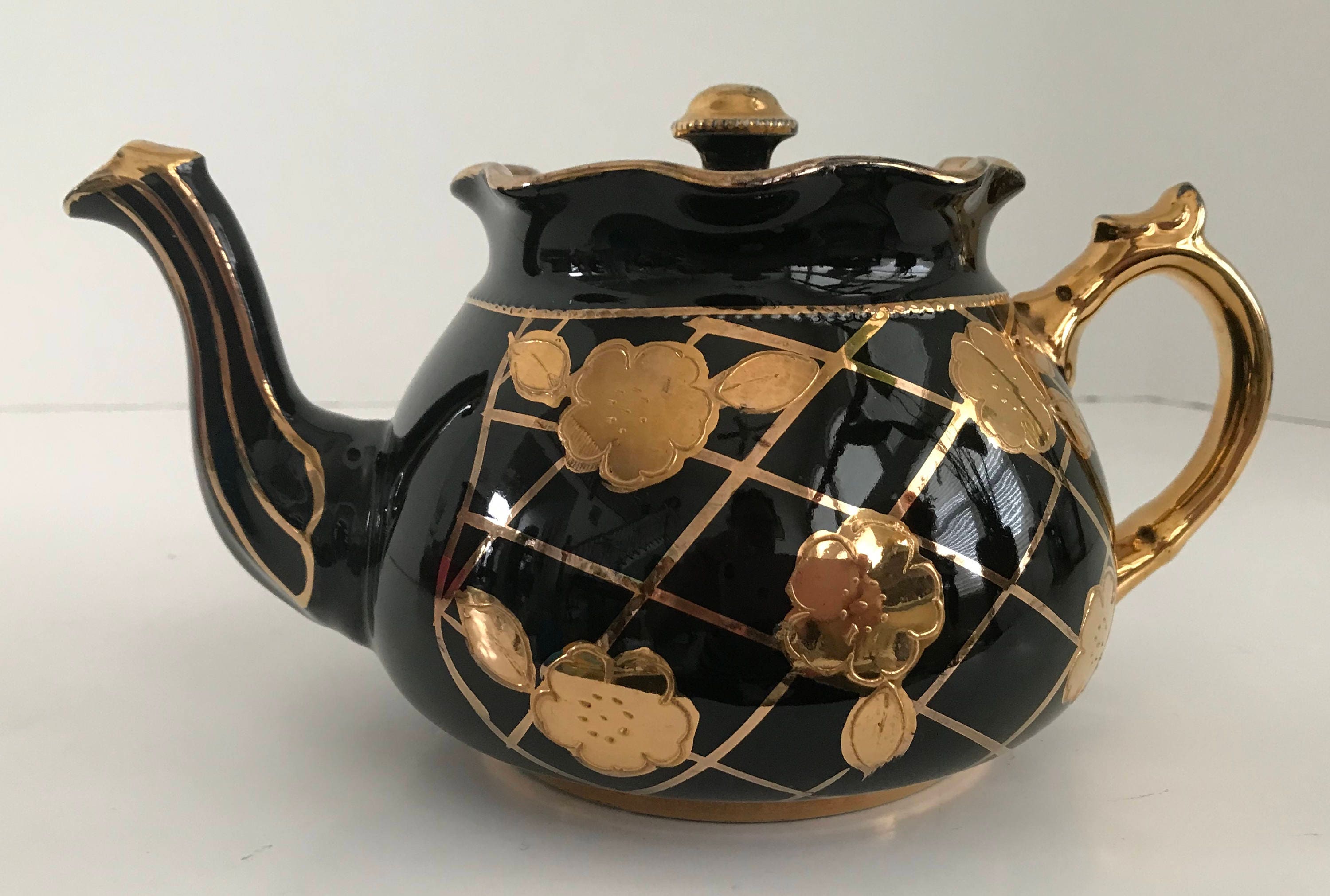 Vintage Arthur Wood Black Teapot with Gold Flowers Handle and Etsy