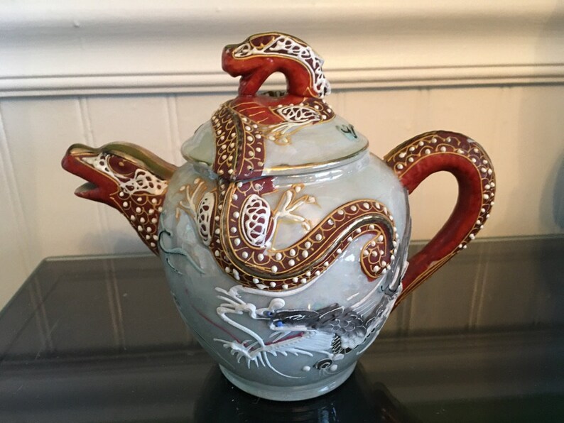 Vintage Japanese Kutani Moriage Iridescent Dragonware Creamer/Teapot with Dragon Spout and Gold Highlights image 1