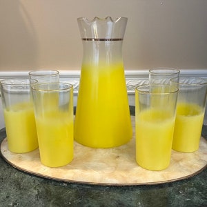 Vintage MCM Pichet Blendo Frosted Sunshine Yellow Pichet de 64 oz avec 6 verres image 2