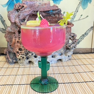 Jasmine Green Apple Scented Red Gel Wax Candle in a Margarita Glass With Cactus