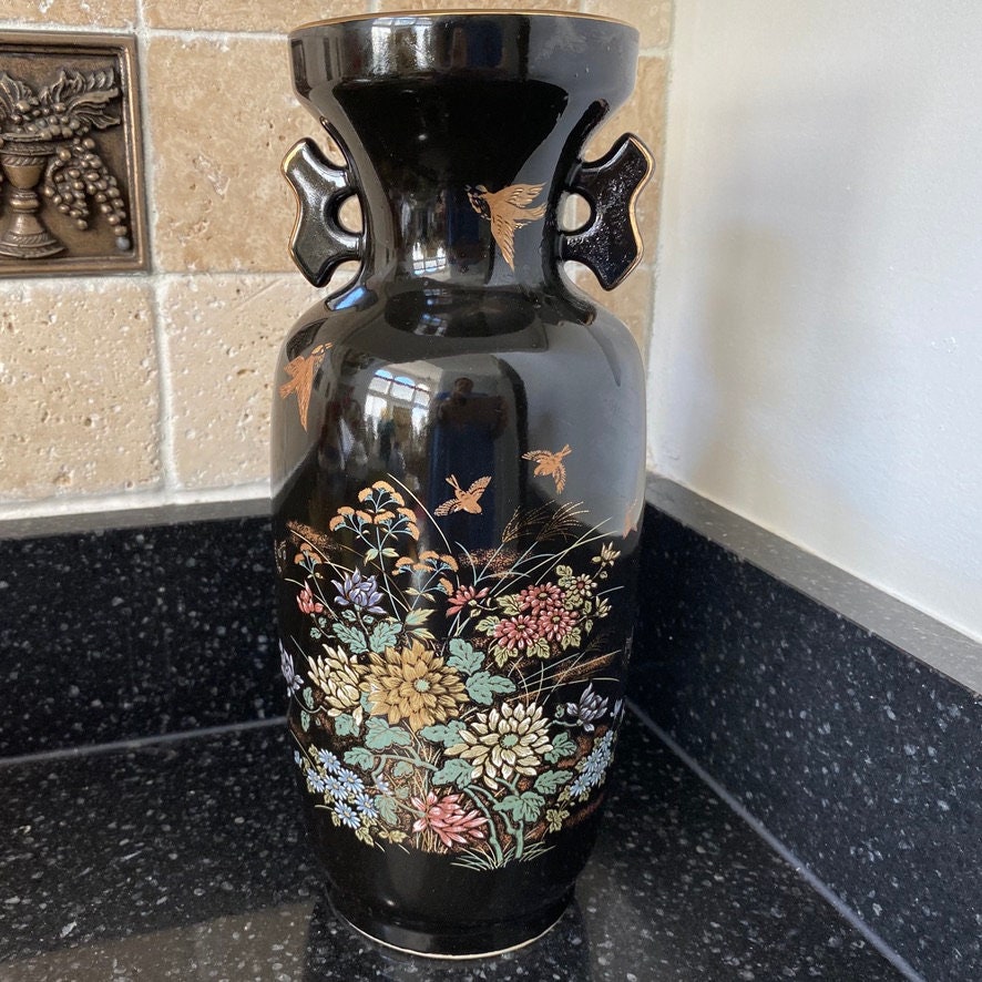 Vintage Japanese Black With Flowers and Birds With Gold Trim