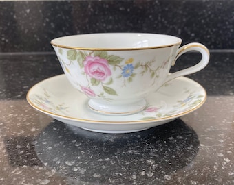 Noritake Firenze 6674 Coffee Cup And Saucer with Pink Roses, Blue flowers and Gold Trim