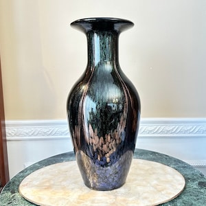 Murano Style Black and Gold Mirror Finish Studio Art Glass 17&quot; Vase