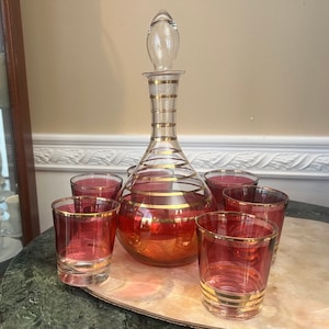 Vintage Murano-stil Tranbär och Klar med Guldremsor 8-delars Karaffset 32 Uns