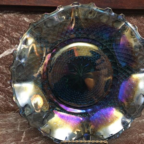 Vintage Indiana Glass Blue Iridescent Diamond Cut Carnival Glass 10 "bowl W / Ruffled Edges