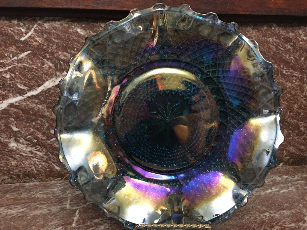 Vintage Indiana Glass Blue Iridescent Diamond Cut Carnival Glass 10" bowl W/Ruffled Edges