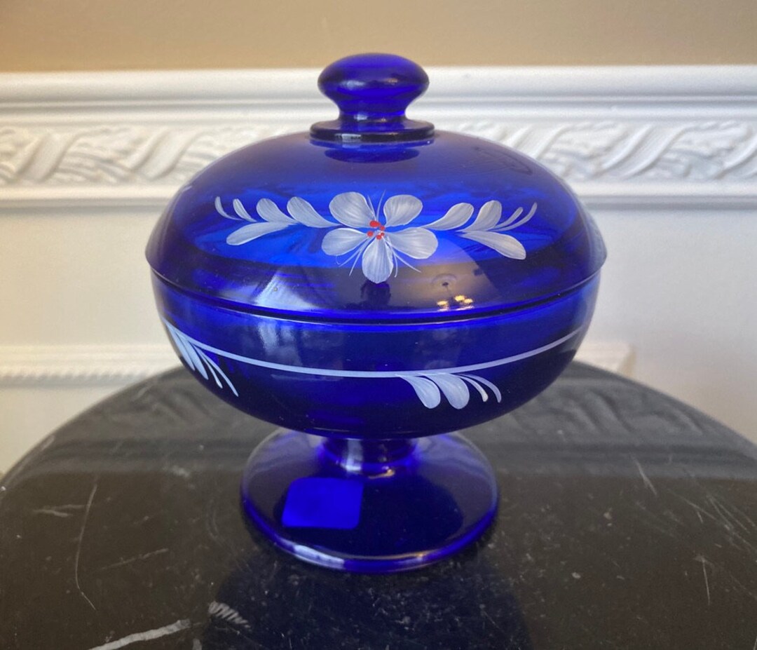Fenton Cobalt Blue Candy Dish Hand Painted by P. Petit Etsy
