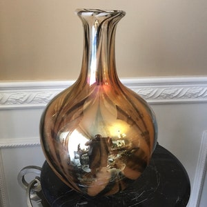 Murano Style Brown and Gold Mirror Finish Studio Art Cased Glass 13&quot; Vase