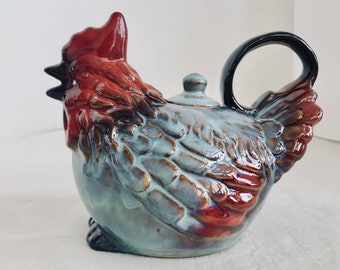 Boston Warehouse Blue and Red Ceramic Rooster 3 Cup Teapot