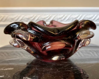 Murano Style 7&quot; Heavy Studio Art Glass Purple/Amethyst Cased Glass Bowl