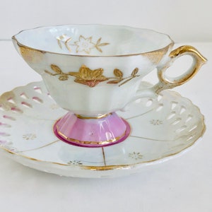 Vintage Japan Iridescent White, Pink With Gold Trim Footed Teacup and Lattice Saucer