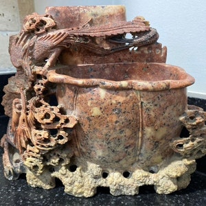 Vintage Large Chinese Twin Dragons Carved Soapstone Double Vase