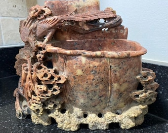 Vintage Large Chinese Twin Dragons Carved Soapstone Double Vase