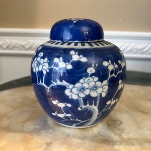 Puede incluir: Un pequeño tarro de jengibre de porcelana azul y blanco con un diseño floral. El tarro tiene una tapa y está decorado con un patrón de flores blancas sobre un fondo azul.