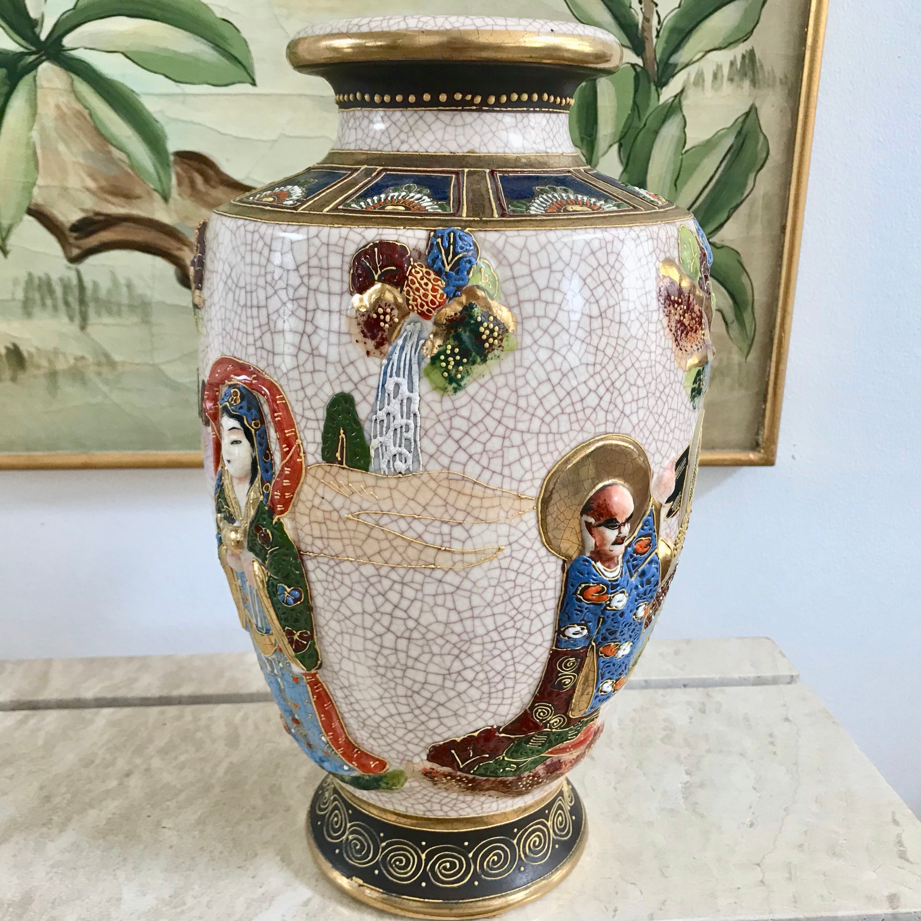 Japanese Satsuma 12 1/2 Hand Painted Vase With Raised Samurai and Geisha 