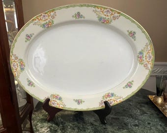 Vintage Noritake Green M 16" Japan Purple Blue Flower Gold Trim Serving Platter