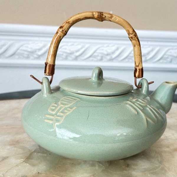 Vintage Chino Mint Green 2 Cup Asian Teapot with Bamboo Handle