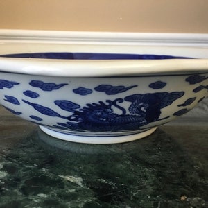 Vintage Asian Blue and White Chinese Dragon Porcelain Large 12&quot; Centerpiece Bowl