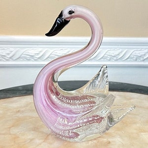 Murano Style Hand Blown Clear 8&quot; White and Pink With Silver Flecks Art Glass Swan