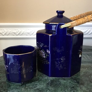 vintage Cobalt Blue 8 faces Faisan et Fleurs Japon 4 Tasse Théière avec Garniture Or et Tasse image 2