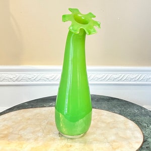 MCM Murano Style Art Glass Lime Green 13 1/2&quot; Vase with Freeform Edges