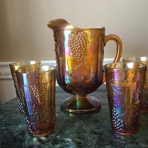 Indiana Glass Iridescent Amber Large 10 1/2&quot; Harvest Grape Carnival Glass Pitcher & 4 Water Glasses