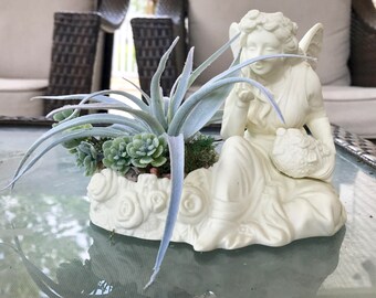 Decorative Planter Ceramic White Seated Angel with Flower Basket in Hand  with Green Grass Succulents