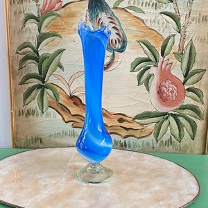 Murano Style Cased Glass Blue With White Swirl Pedestal 13 &quot;Vase W/Freeform Edges