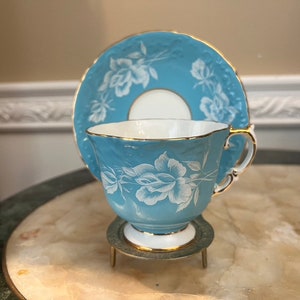 Vintage Aynsley English Fine Bone China Turquoise Floral Teacup and Saucer 2821