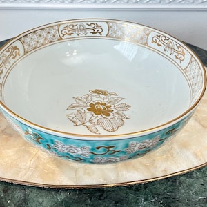 vintage Gold Imari Peint à la main 10 » Turquoise Bowl Flowers Gold Highlights