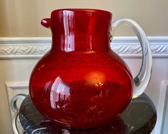 Signed Joe Deanda Ruby Red Glass Crested Wave Pitcher - Hand-blown
