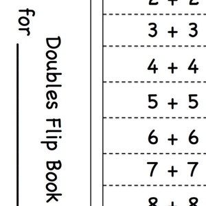 May include: A black and white worksheet with the text "Doubles Flip Book for" and a list of addition problems: 2 + 2, 3 + 3, 4 + 4, 5 + 5, 6 + 6, 7 + 7, and 8 + 8.