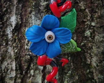 Dark Blue Polymer Clay Eyeball Floral Necklace Pendant Art Jewelry Creepy OOAK