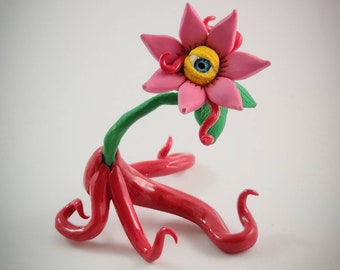 Eye Flower Sculpture figurine, Beholder Bud Original Character Collectible, pink flower Blue Eye Red Tentacles, ooak gift idea