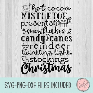 Kerstwoorden svg, warme chocolademelk svg, maretak svg, presenteert svg, sneeuwvlokken svg, snoepstokken svg, Kerst svg, silhouet svg, cricut svg