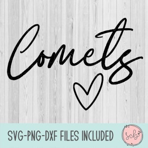 May include: Black and white digital design of the word "Comets" with a heart underneath. The design is on a white wood background.