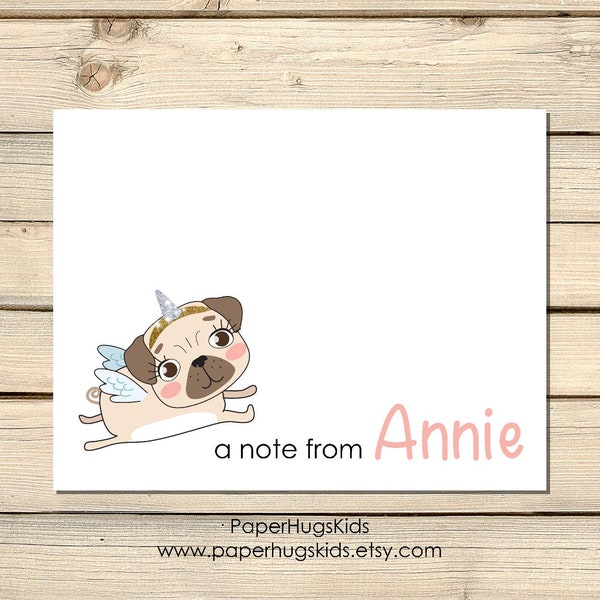 PRINTABLE Unicorn Pug Dog Note Cards Stationery for girls, Cute Kawaii Pug Thank You Cards, Kawaii Pug Stationary Set, Gift for Girls