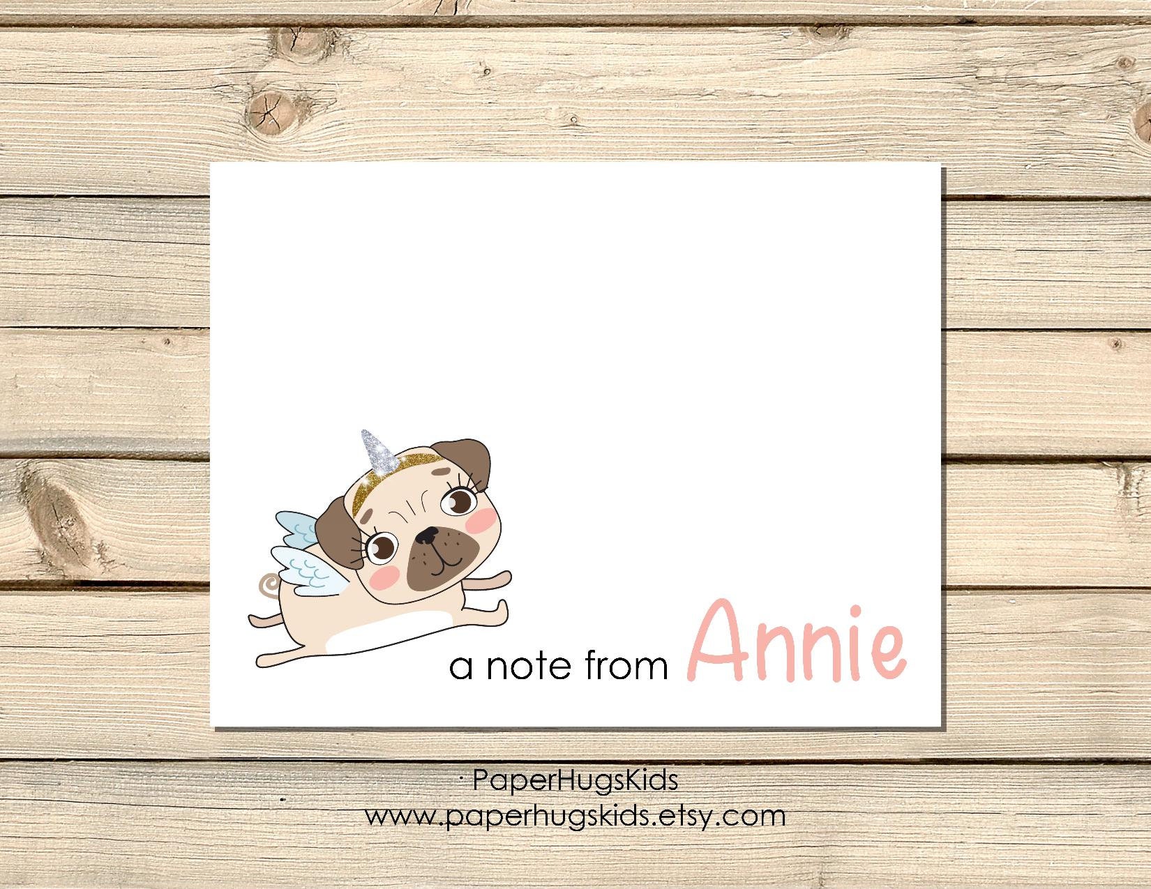 PRINTABLE Unicorn Pug Dog Note Cards Stationery for Girls, Cute Kawaii ...
