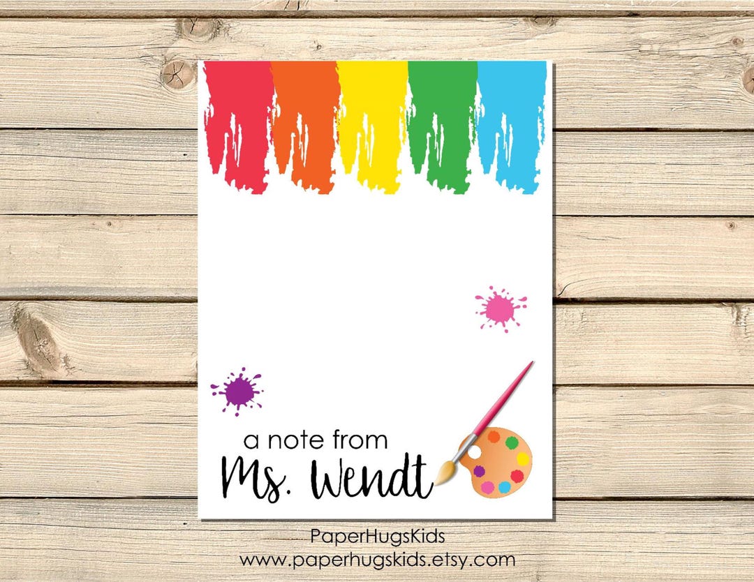 Personalized Art Teacher Note Card Set: Rainbow Paintbrush Stationery ...