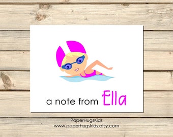 PRINTABLE Personalized Pink Swimming Girl Summer Thank You Note Cards Stationery for kids