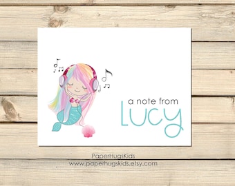 Personalized Printed Printable Rainbow Mermaid Note Cards Stationery Gift for Kids