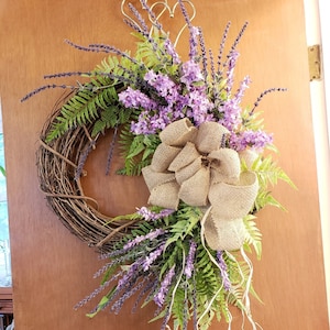 Purple Lilacs, +Spring  Wreath, Picnic Style, Farmhouse Wreath,  Memorial Day Wreath, Ferns Rafia Burlap Front Door Wreath