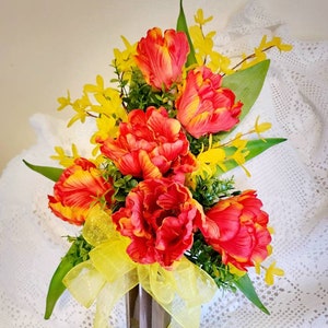 Medium Sized Cemetery flowers, Grave flowers,  Artificial, Spring and Summer colors Fresh and Bright arrangements, One Sided