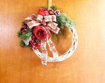 Corona de Navidad de sauce blanco mediano, corona navideña de aspecto rústico